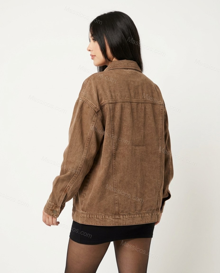 Brown Jacket, back studio view showing classic denim jacket back yoke and vertical seaming, by Massicos