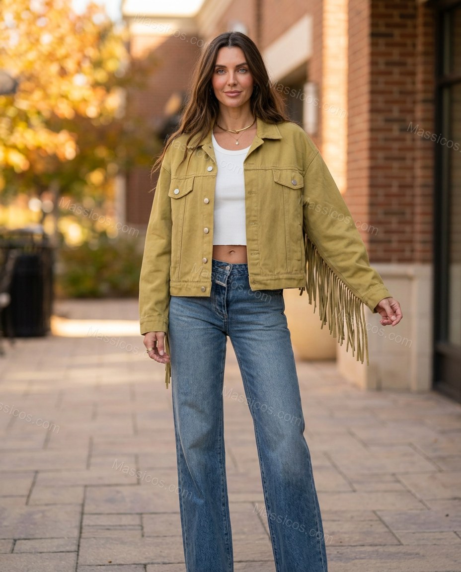 Olive Green Fringe Denim Jacket, three-quarter brand lifestyle view, by Massicos