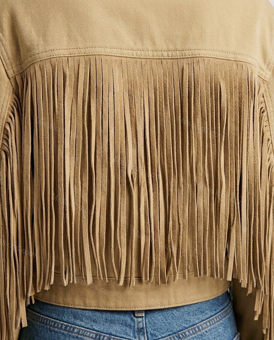 Olive Green Fringe Denim Jacket, close-up of fringe detail, button-front closure and chest pockets with flaps, by Massicos