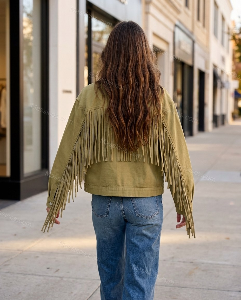 Olive Green Fringe Denim Jacket, movement and fit lifestyle view, by Massicos
