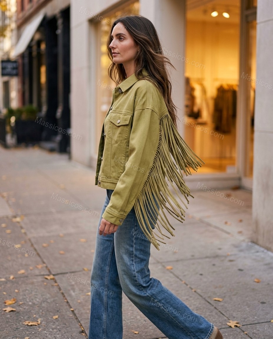 Olive Green Fringe Denim Jacket, alternate use-case lifestyle view, by Massicos