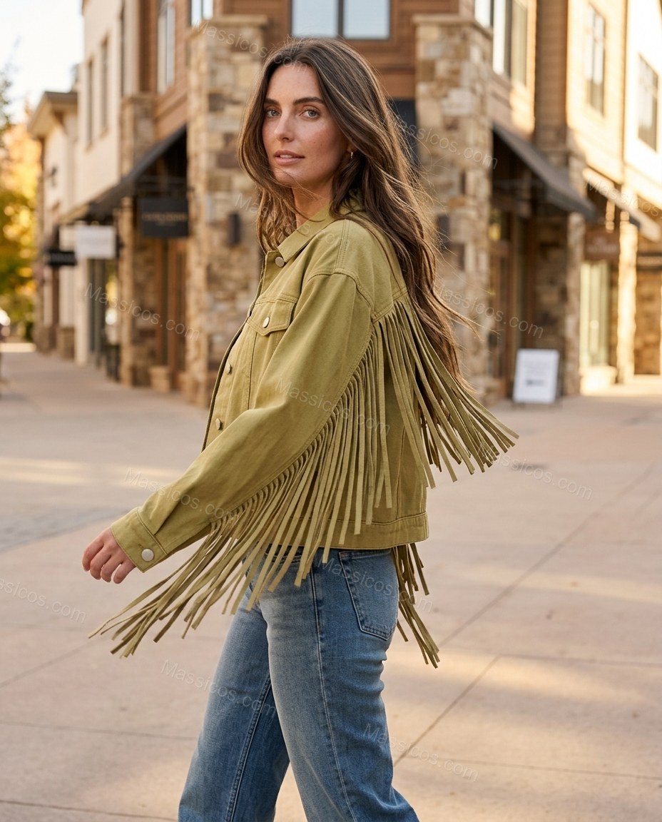 Olive Green Fringe Denim Jacket, walking lifestyle view, by Massicos