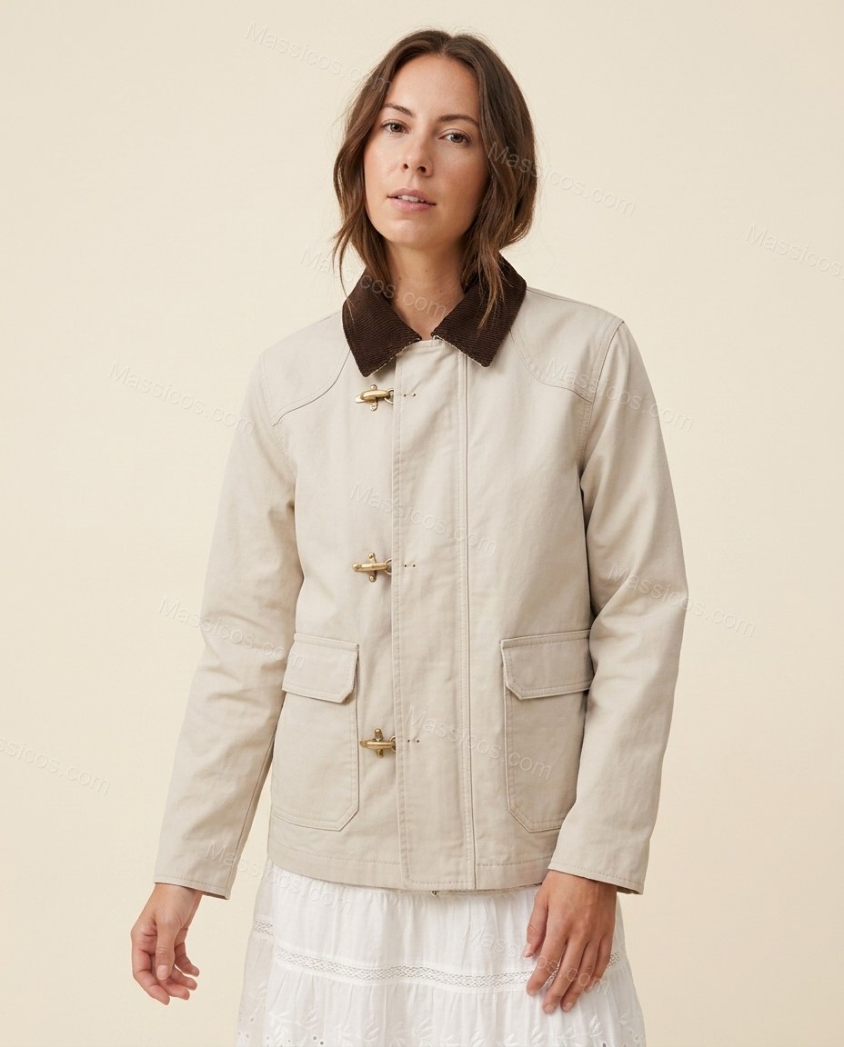 Warm Ecru Ivory Plaid Corduroy Cotton Jacket, full-length hero view, by Massicos