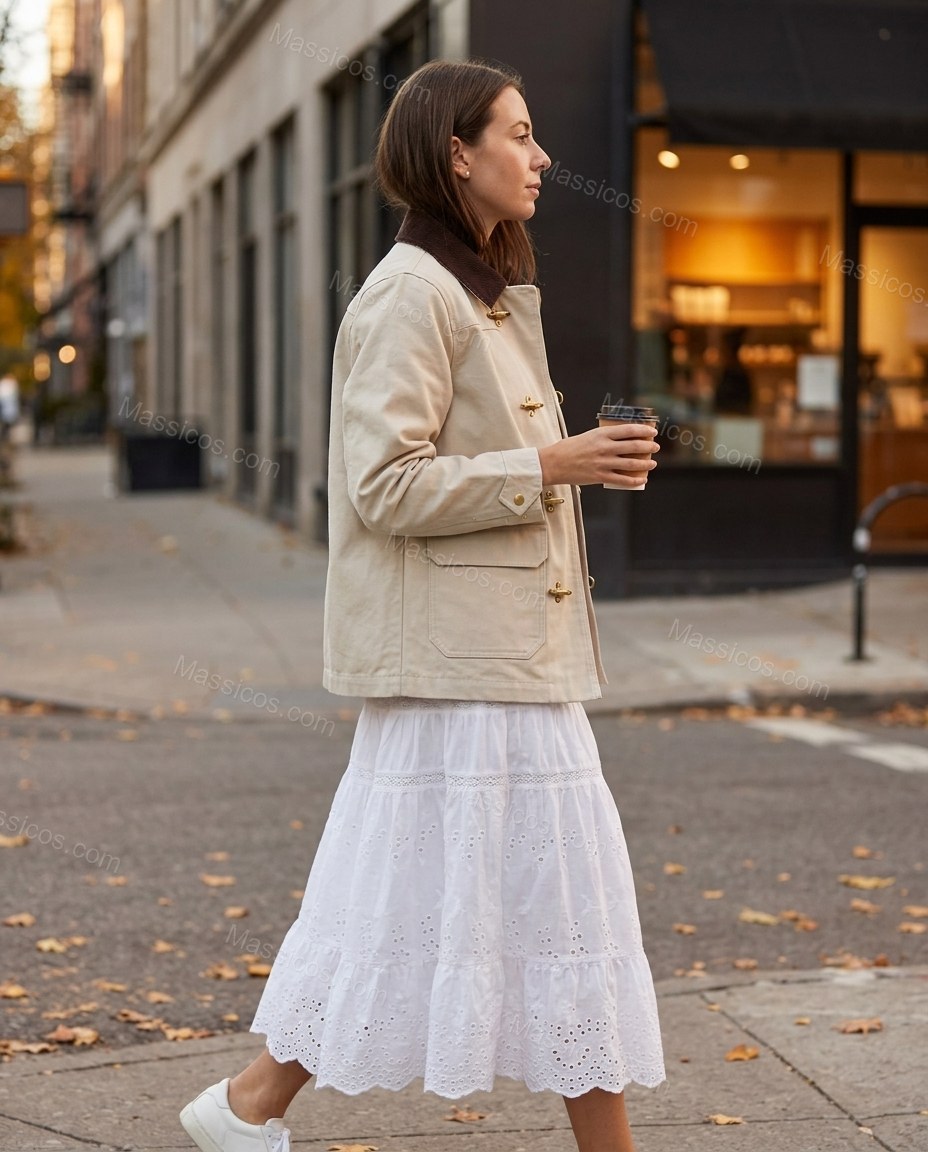 Warm Ecru Ivory Plaid Corduroy Cotton Jacket, walking lifestyle view, by Massicos
