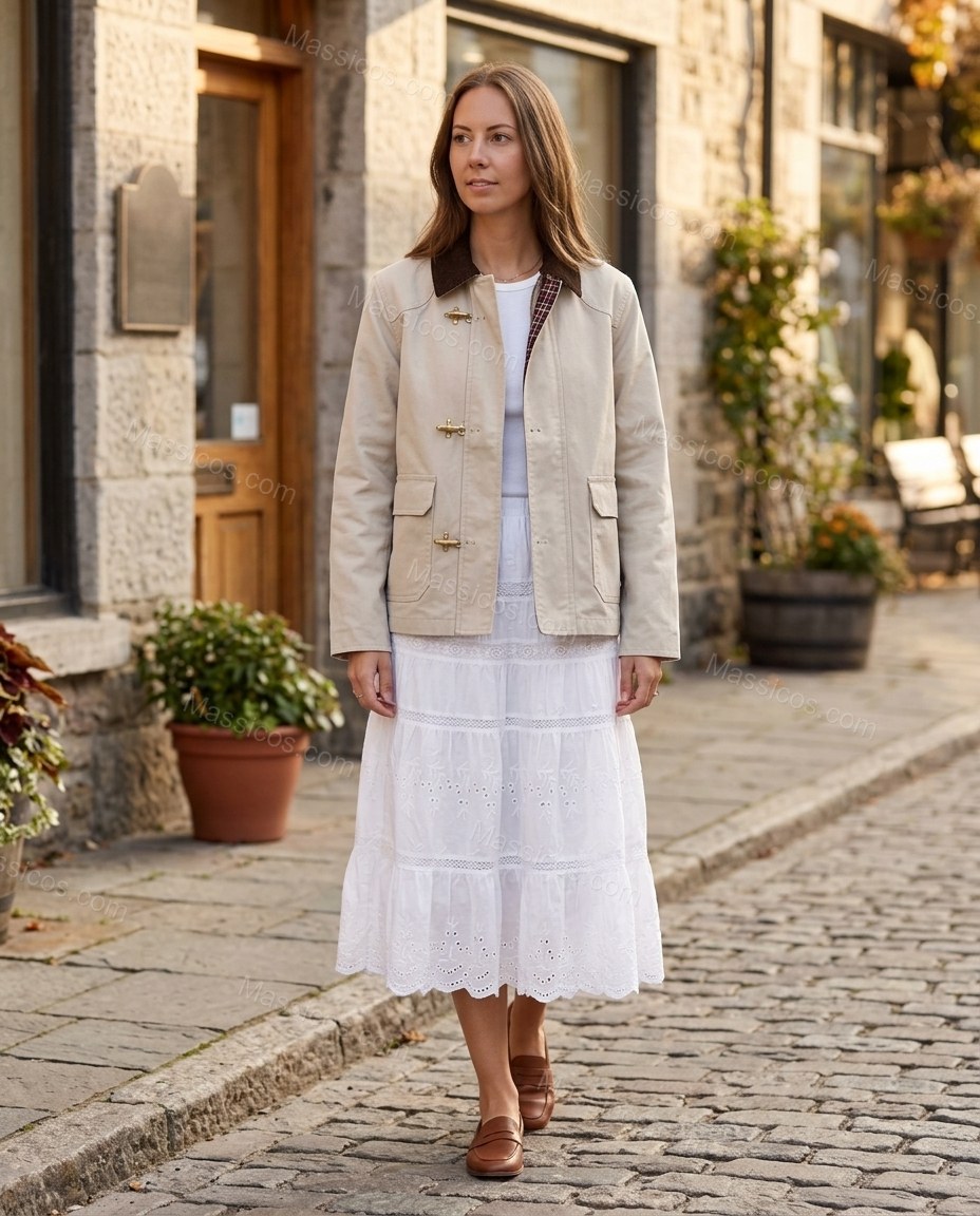Warm Ecru Ivory Plaid Corduroy Cotton Jacket, three-quarter brand lifestyle view, by Massicos