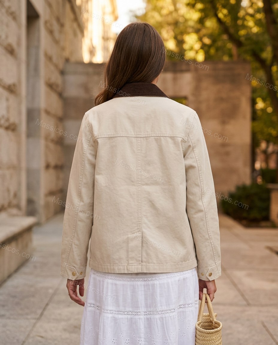 Warm Ecru Ivory Plaid Corduroy Cotton Jacket, movement and fit lifestyle view, by Massicos