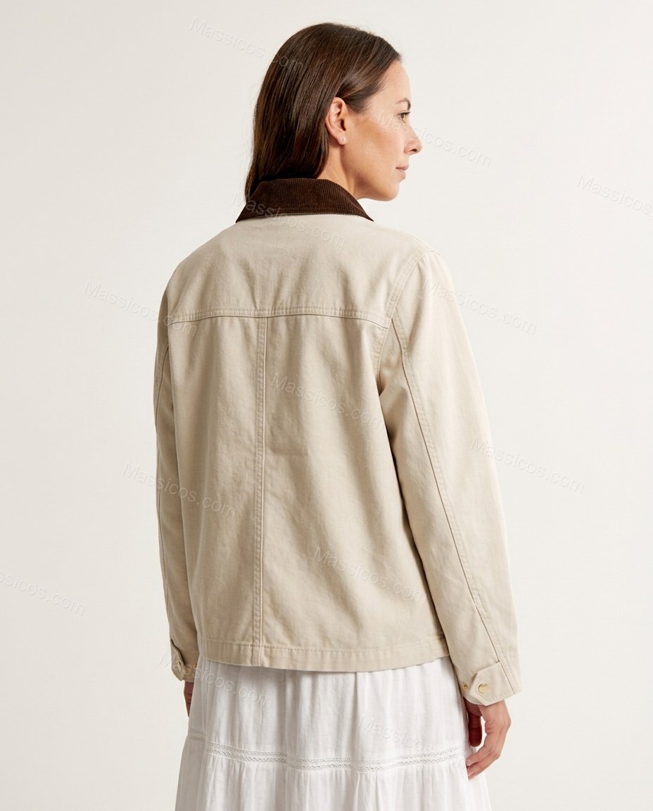 Warm Ecru Ivory Plaid Corduroy Cotton Jacket, back studio view showing plain back with a horizontal yoke seam, by Massicos