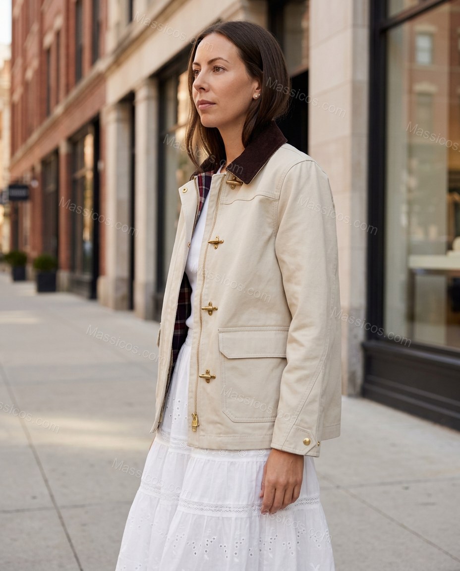 Warm Ecru Ivory Plaid Corduroy Cotton Jacket, alternate use-case lifestyle view, by Massicos
