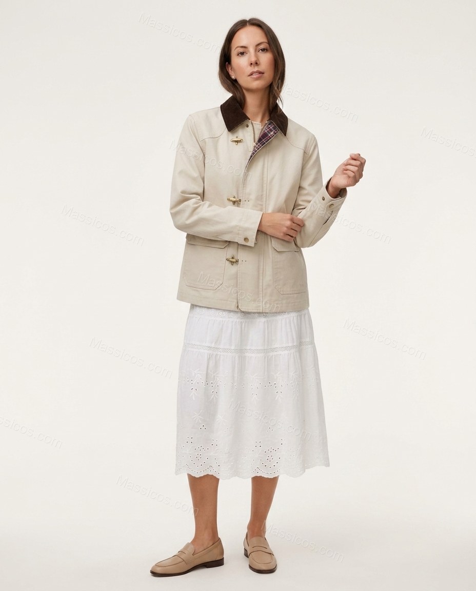 Warm Ecru Ivory Plaid Corduroy Cotton Jacket, front studio view, by Massicos