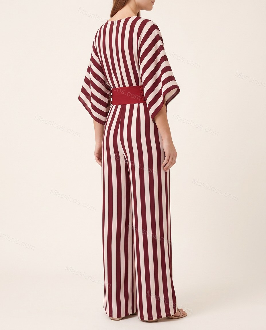 Burgundy Striped Jumpsuit, back studio view, by Massicos