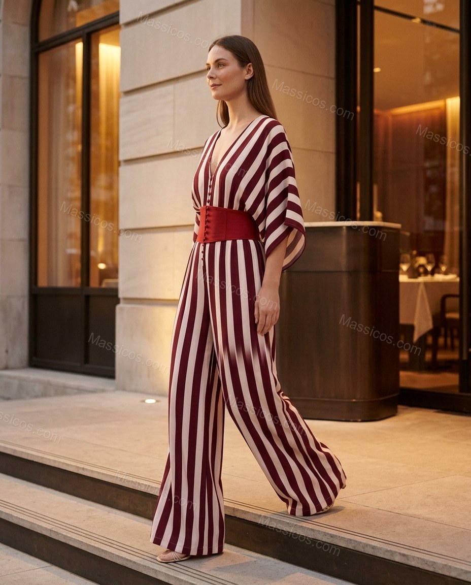 Burgundy Striped Jumpsuit, three-quarter brand lifestyle view, by Massicos