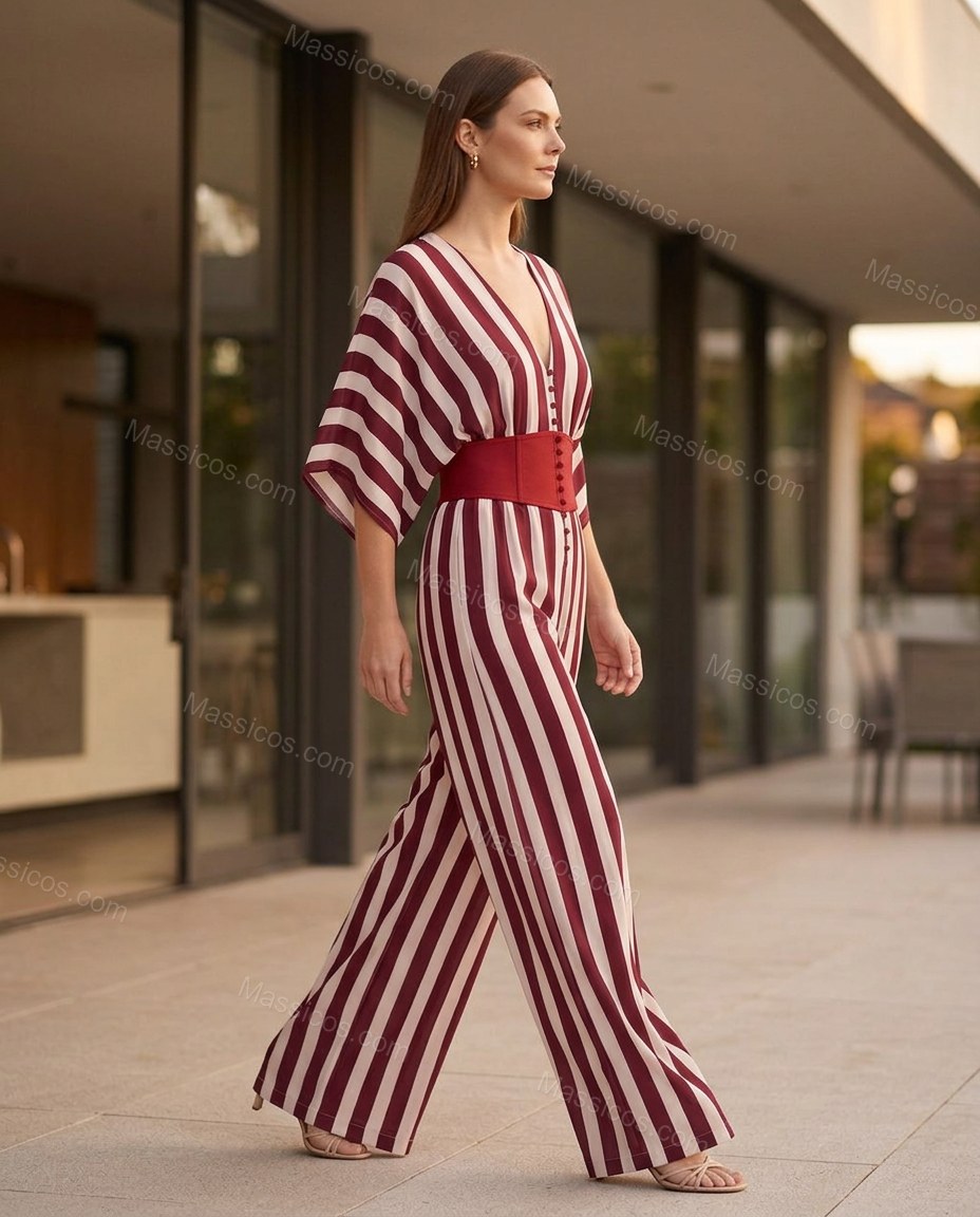 Burgundy Striped Jumpsuit, movement and fit lifestyle view, by Massicos