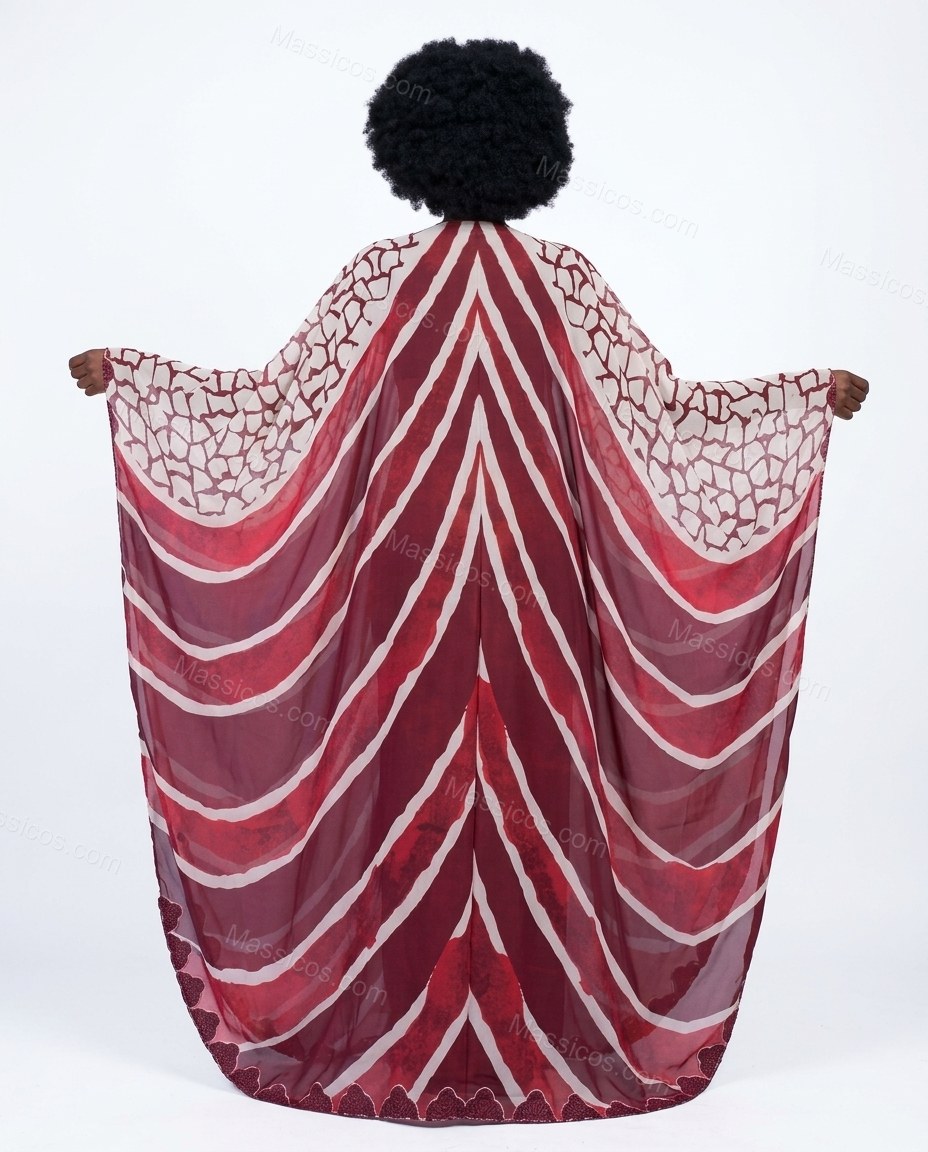 Deep Burgundy Red Geometric Maxi Cape Dress, back studio view, by Massicos