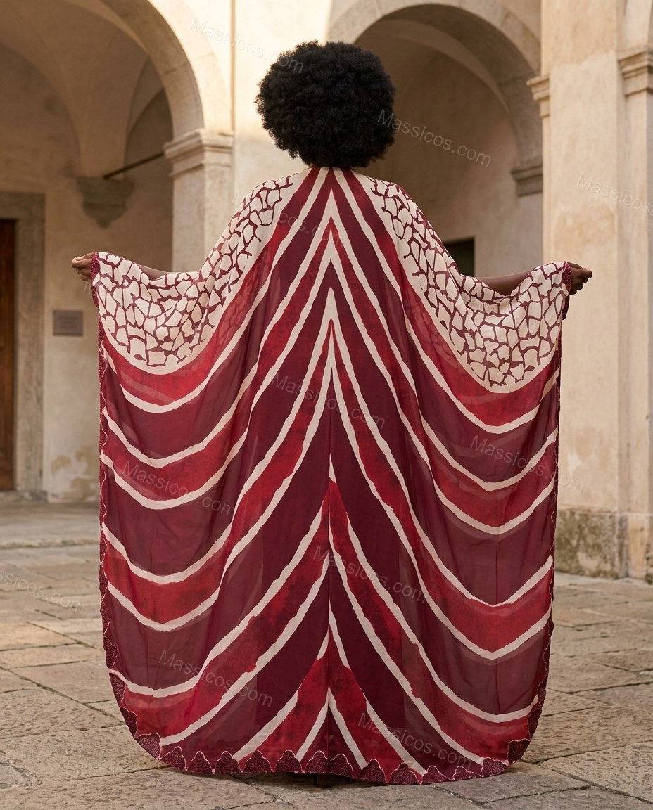 Deep Burgundy Red Geometric Maxi Cape Dress, alternate use-case lifestyle view, by Massicos