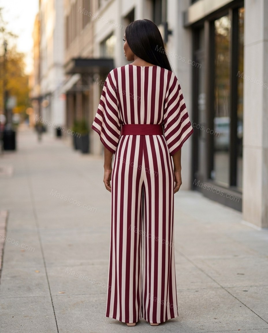 Burgundy Striped Jumpsuit, alternate use-case lifestyle view, by Massicos