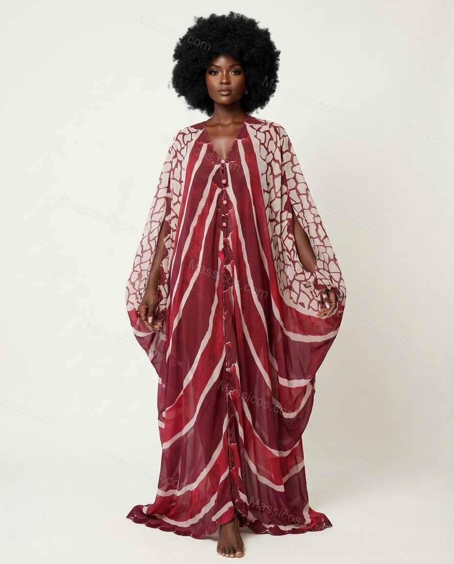 Deep Burgundy Red Geometric Maxi Cape Dress, front studio view, by Massicos