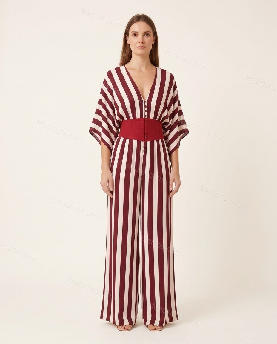 Burgundy Striped Jumpsuit, front studio view, by Massicos