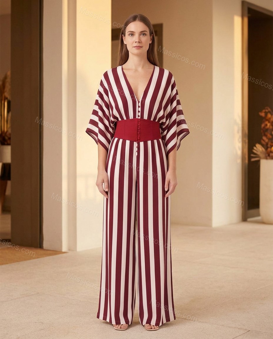 Burgundy Striped Jumpsuit, full-length hero view, by Massicos
