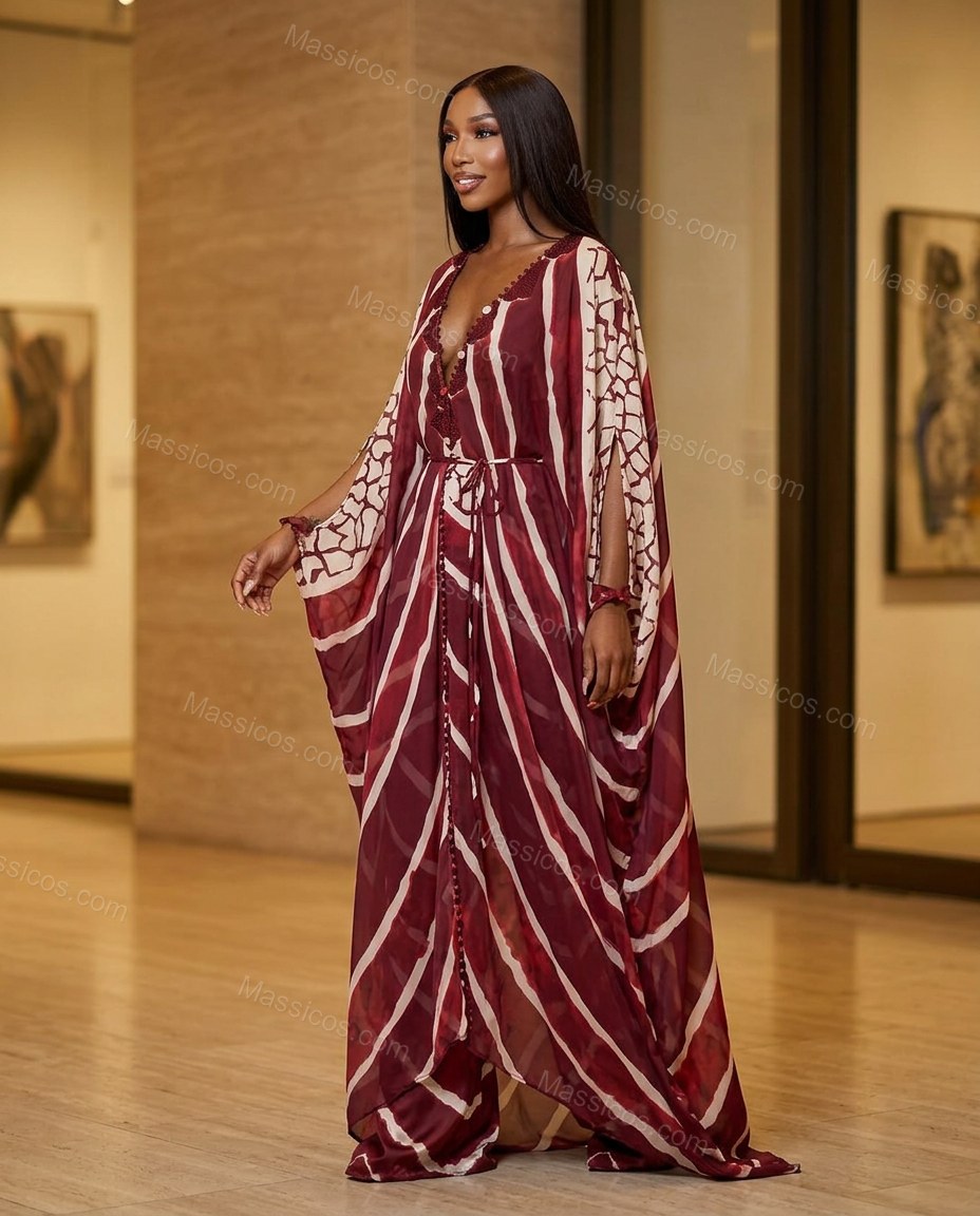 Deep Burgundy Red Geometric Maxi Cape Dress, walking lifestyle view, by Massicos