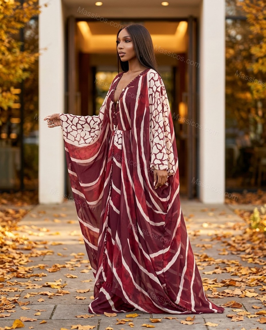 Deep Burgundy Red Geometric Maxi Cape Dress, three-quarter brand lifestyle view, by Massicos