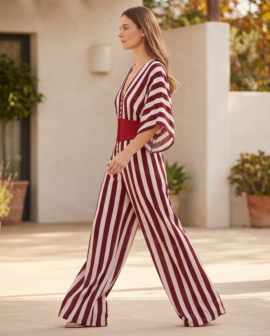 Burgundy Striped Jumpsuit, walking lifestyle view, by Massicos