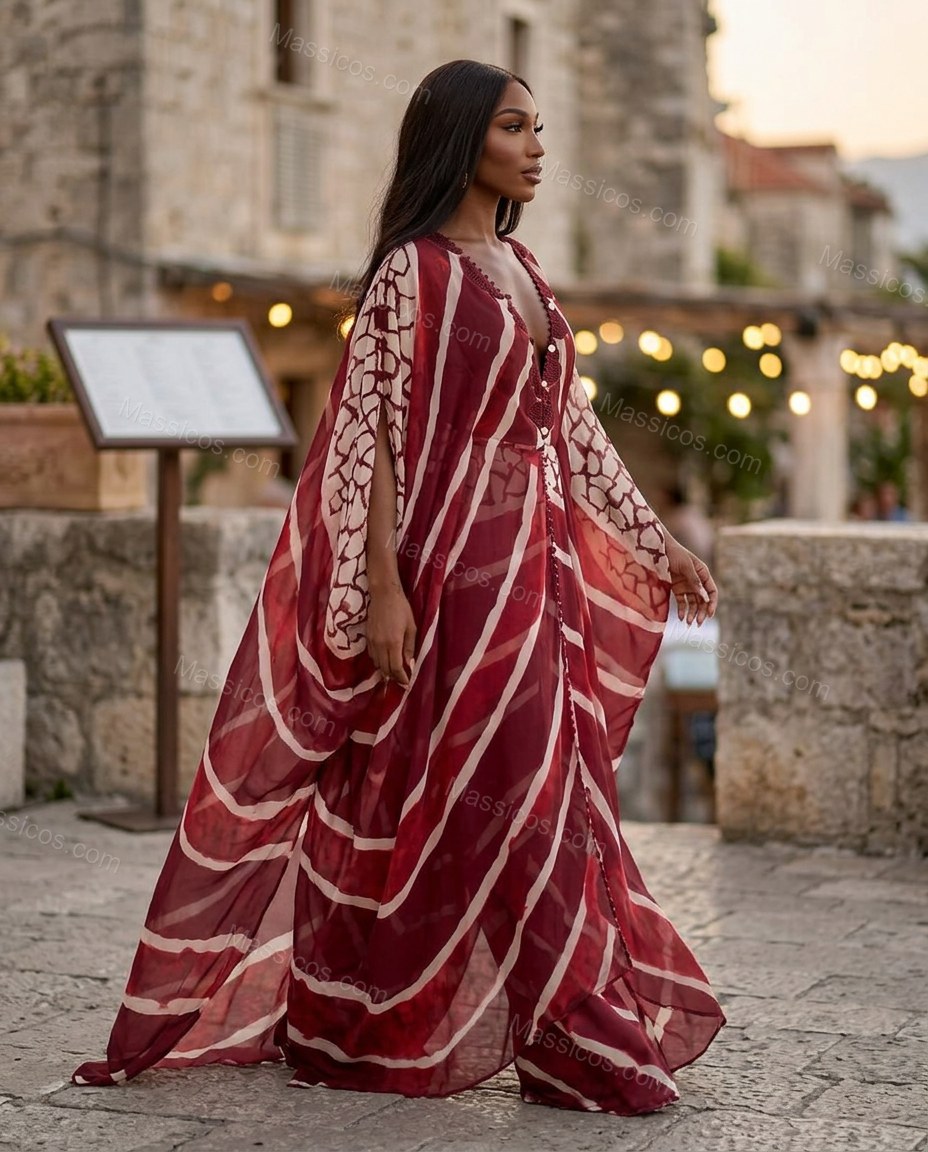 Deep Burgundy Red Geometric Maxi Cape Dress, movement and fit lifestyle view, by Massicos