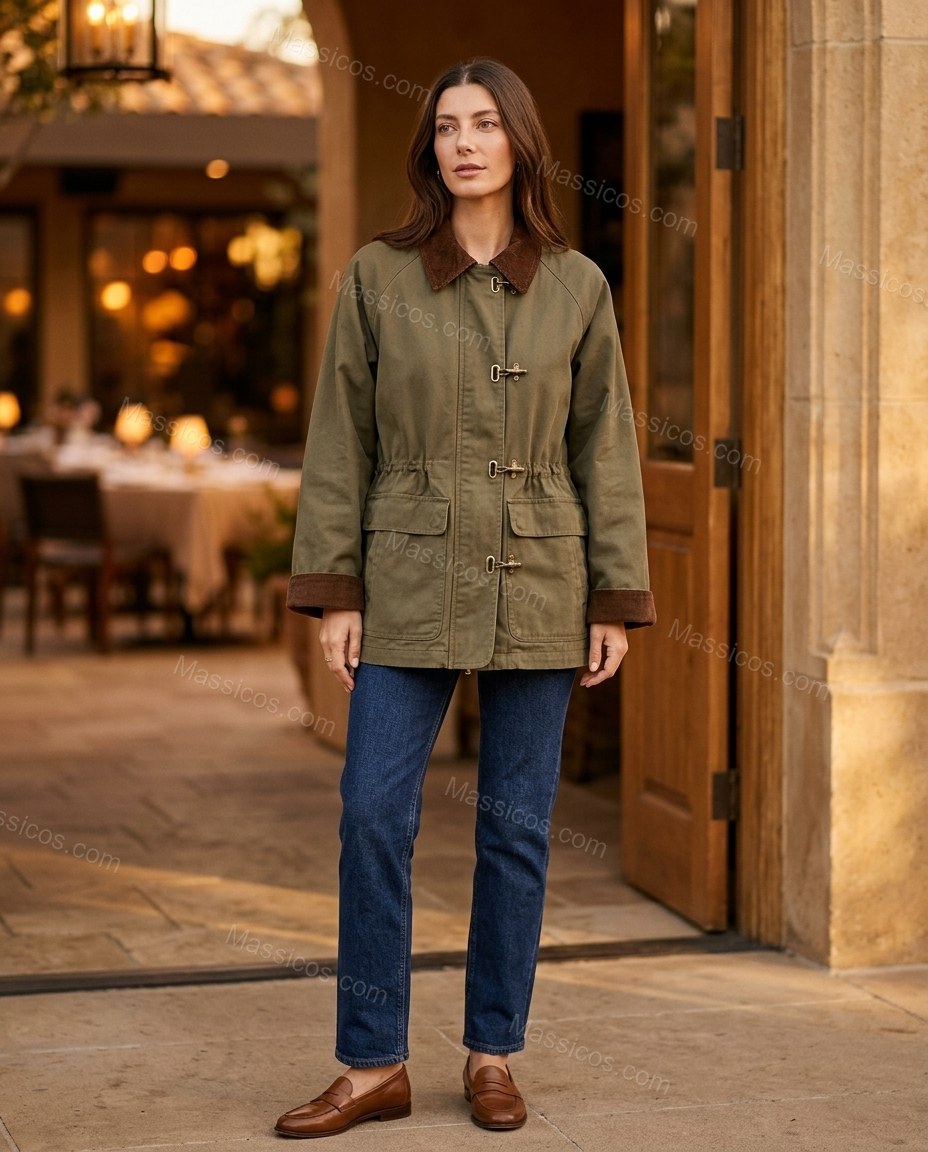 Olive Green Corduroy Jacket, three-quarter brand lifestyle view, by Massicos
