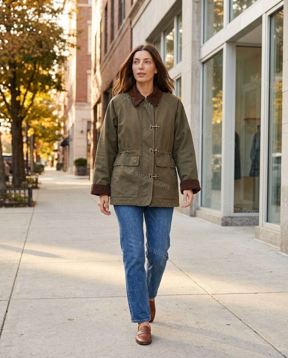 Olive Green Corduroy Jacket, movement and fit lifestyle view, by Massicos