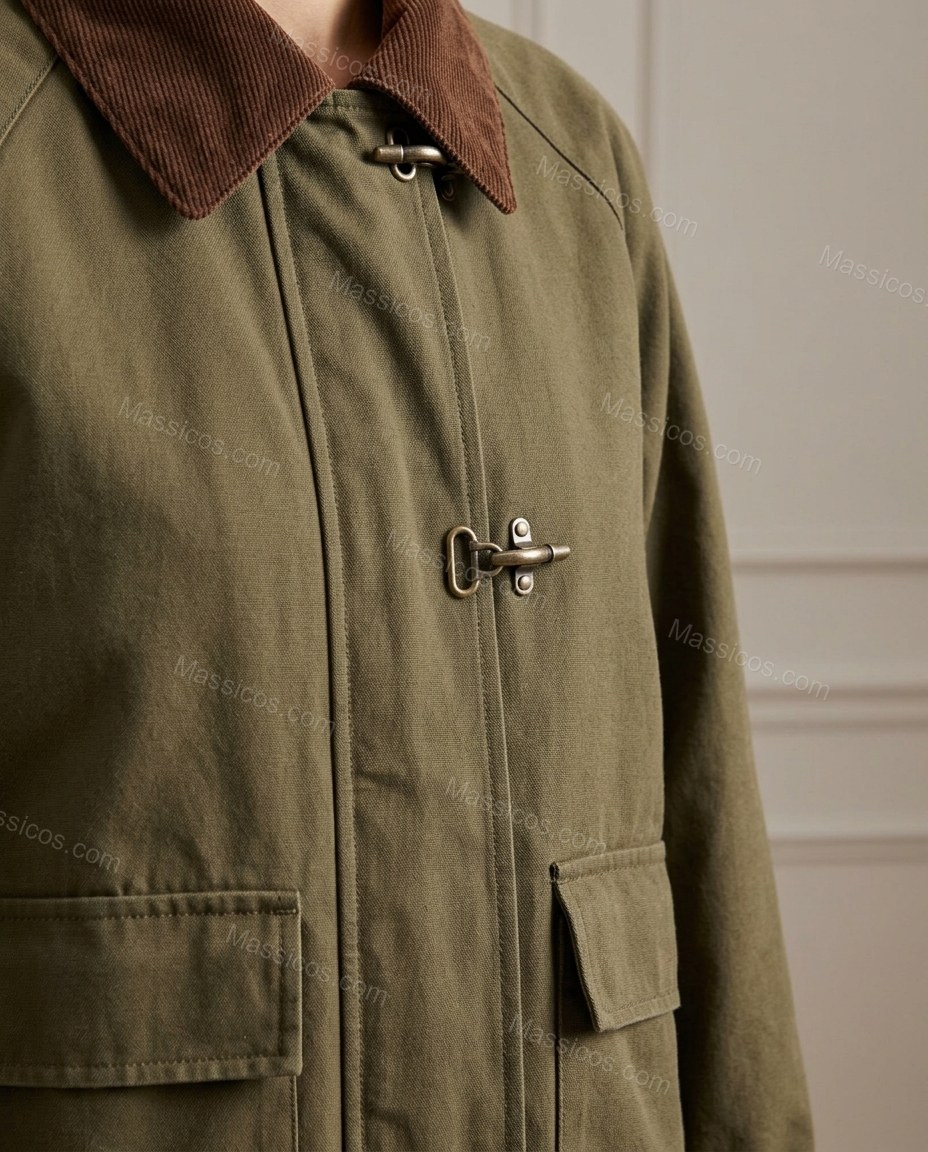 Olive Green Corduroy Jacket, close-up of brown accents, contrasting collar and contrasting cuff lining, by Massicos