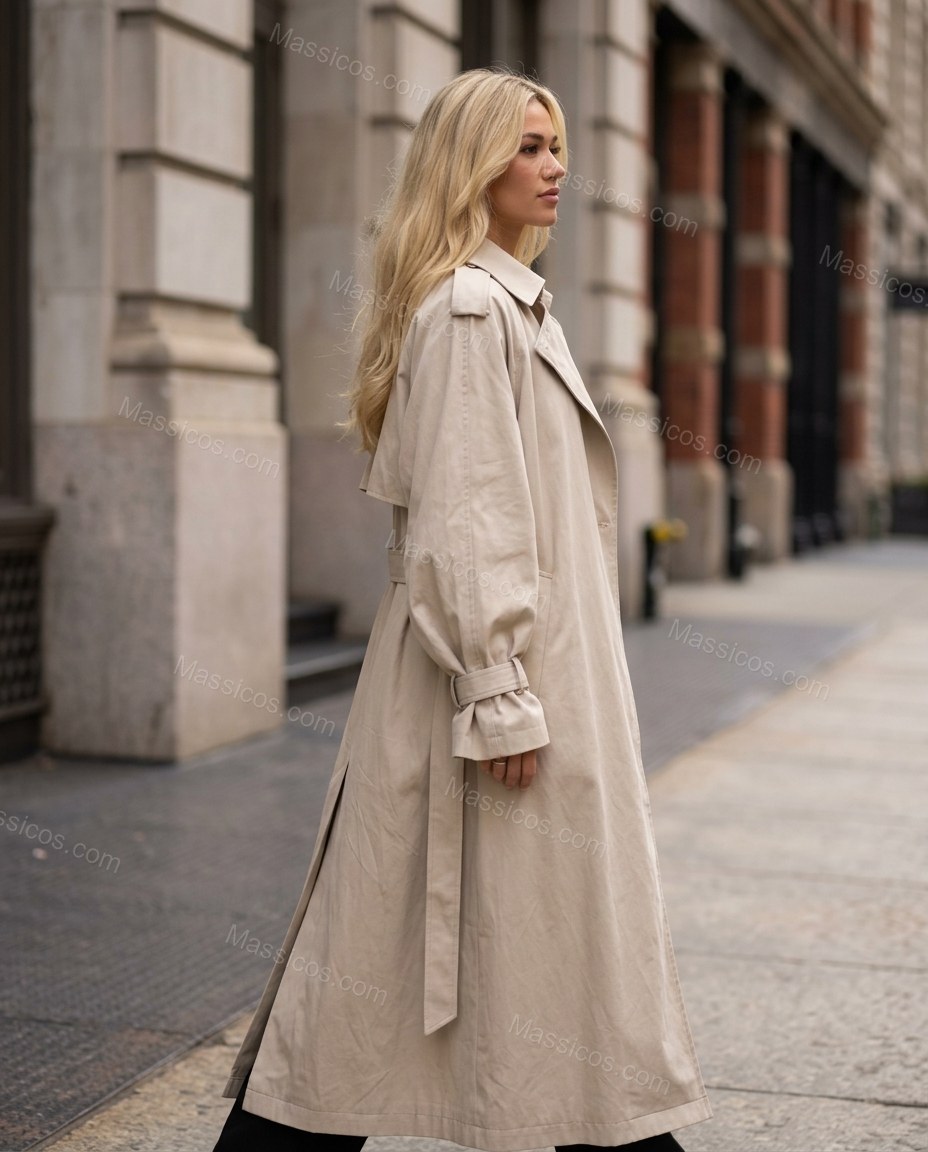 Beige Pleated Coat, movement and fit lifestyle view, by Massicos