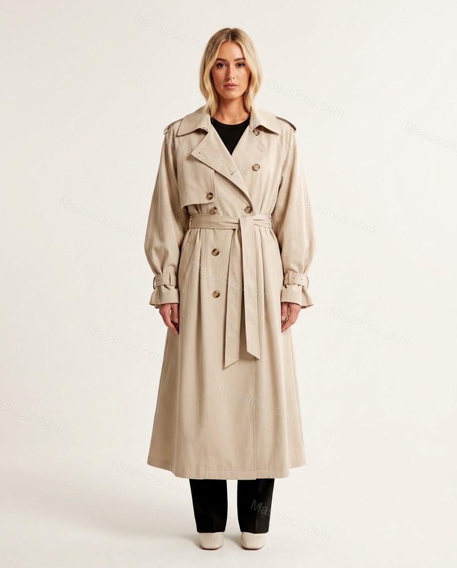 Beige Pleated Coat, front studio view, by Massicos