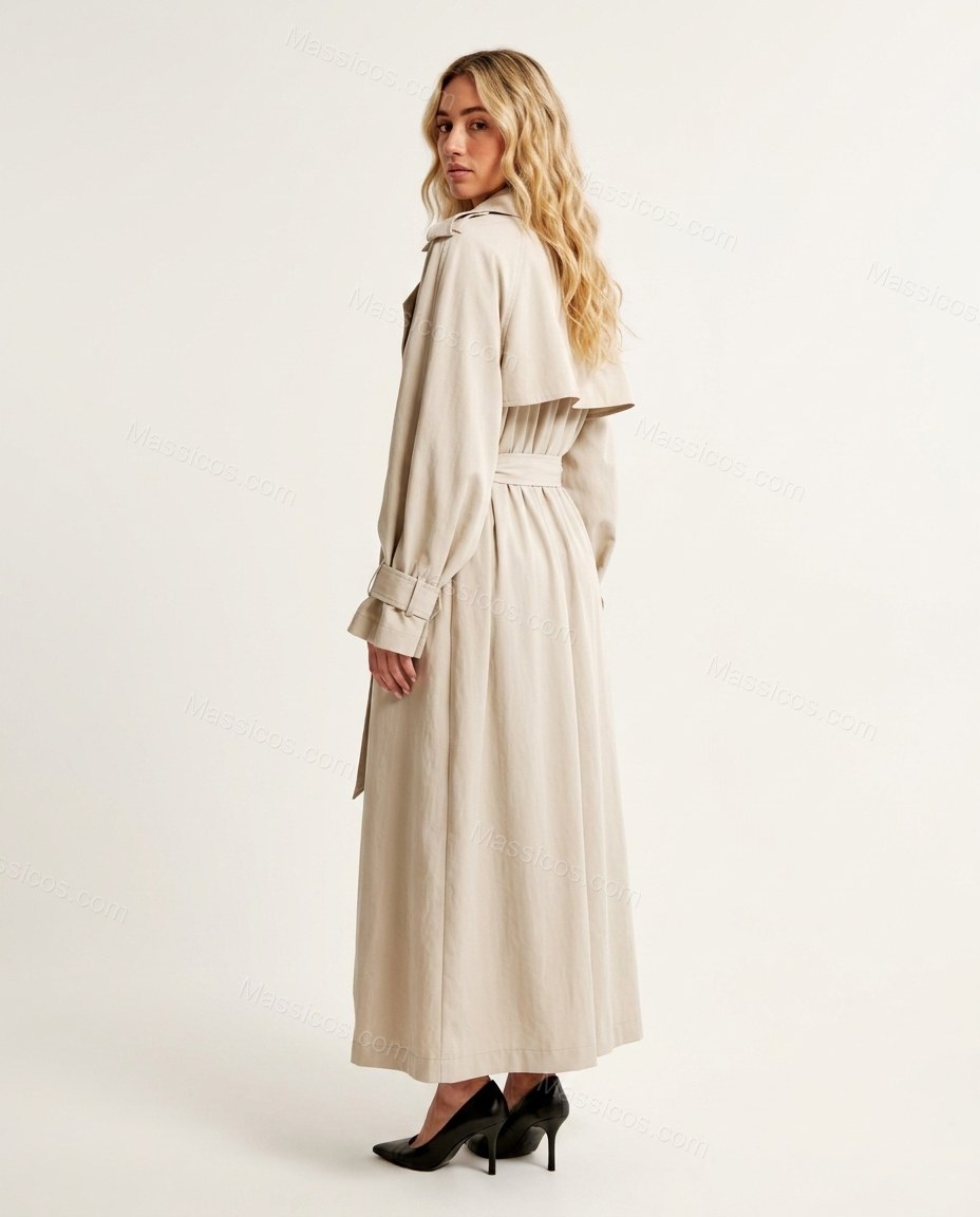 Beige Pleated Coat, back studio view, by Massicos