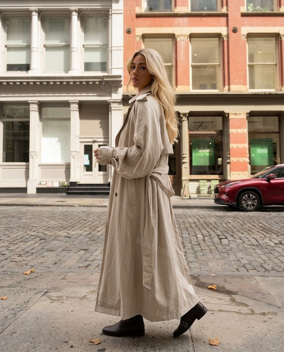 Beige Pleated Coat, walking lifestyle view, by Massicos