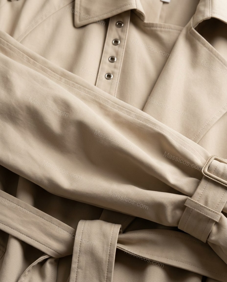 Beige Pleated Coat, close-up of double-breasted closure, storm flaps and epaulets, by Massicos