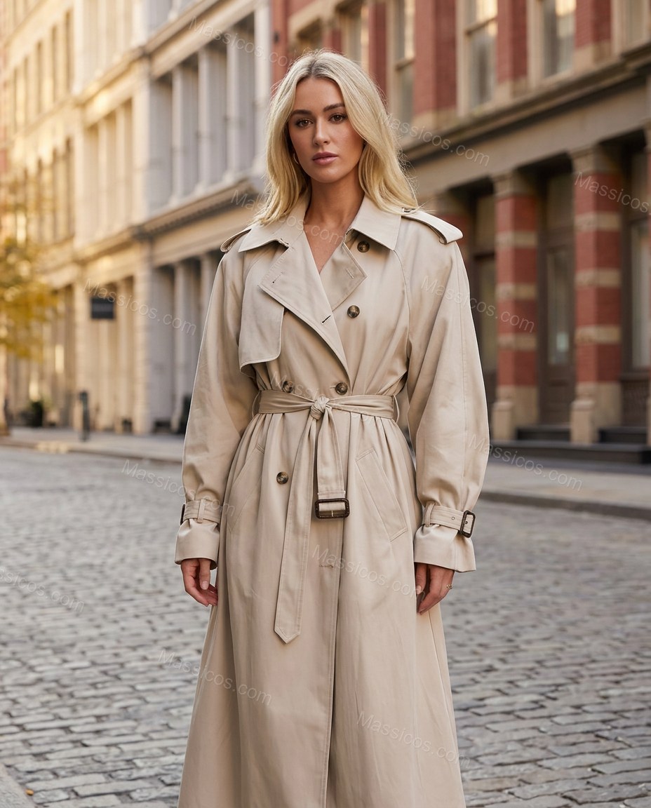 Beige Pleated Coat, full-length hero view, by Massicos