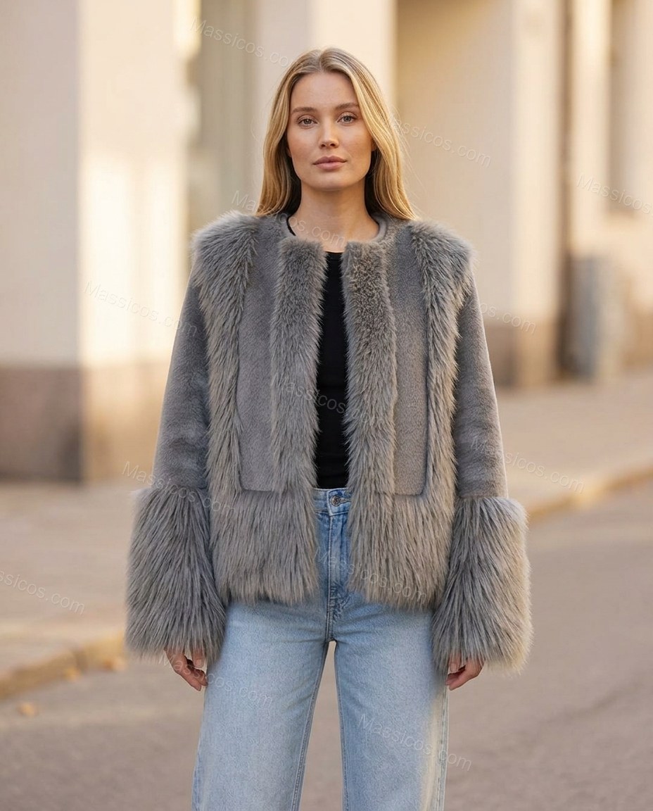 Gray Faux-Fur Jacket, full-length hero view, by Massicos