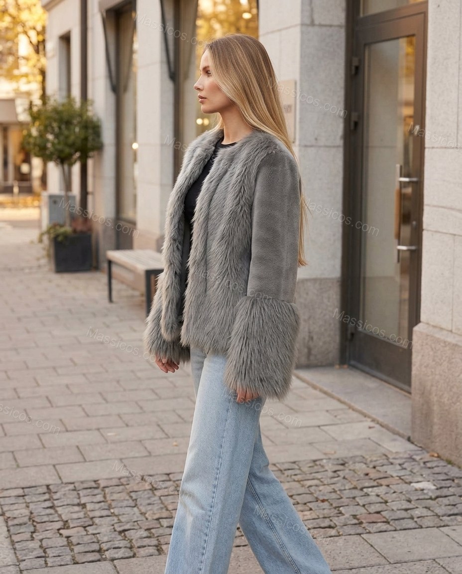 Gray Faux-Fur Jacket, walking lifestyle view, by Massicos