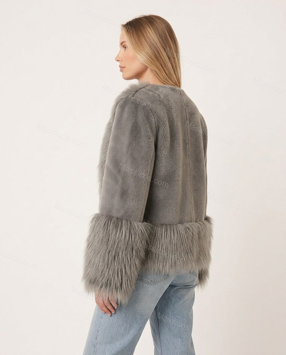 Gray Faux-Fur Jacket, back studio view, by Massicos