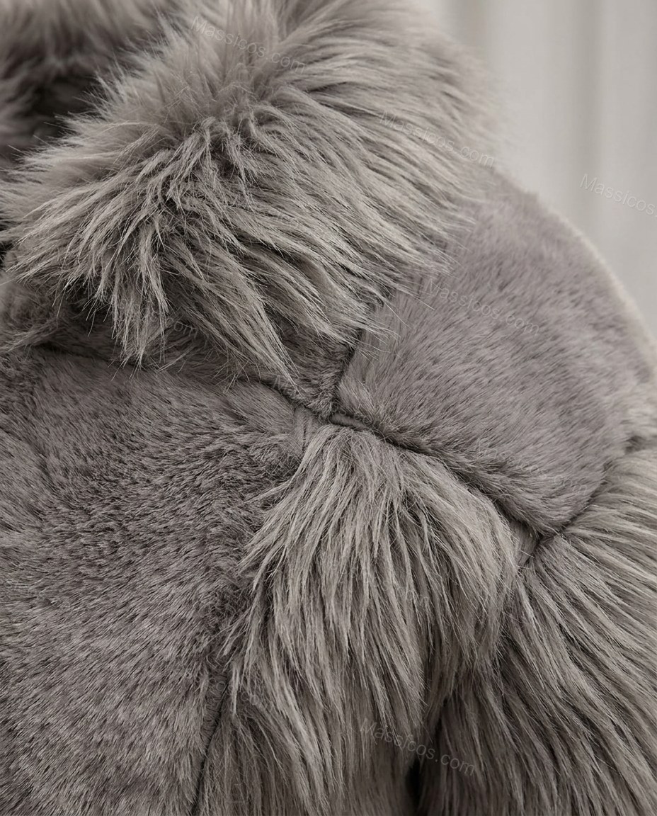 Gray Faux-Fur Jacket, close-up of mixed textures, collarless and hook-and-eye closure, by Massicos