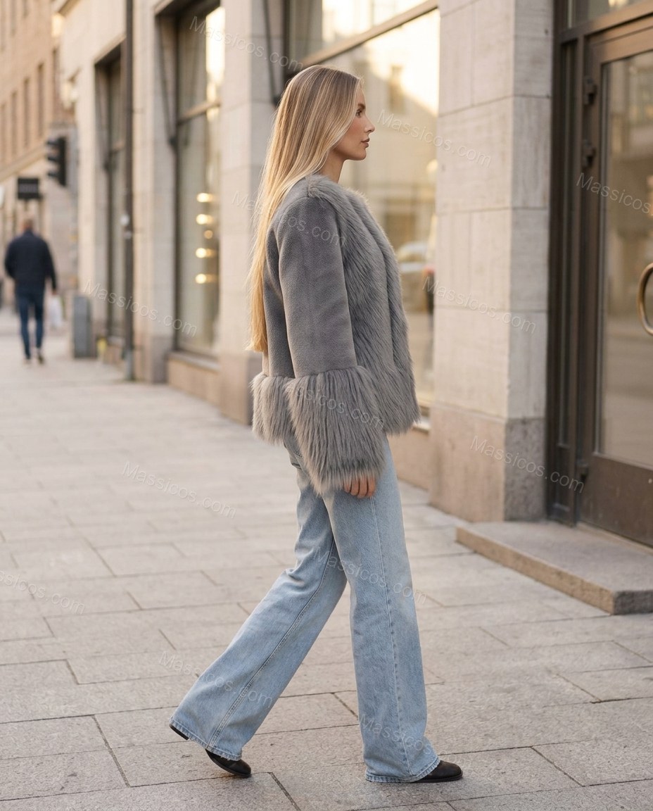 Gray Faux-Fur Jacket, movement and fit lifestyle view, by Massicos
