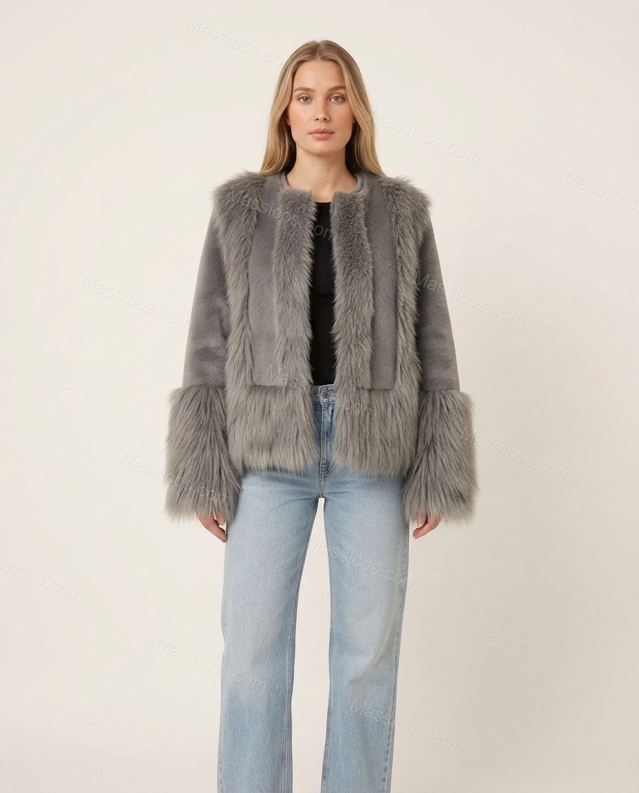 Gray Faux-Fur Jacket, front studio view, by Massicos