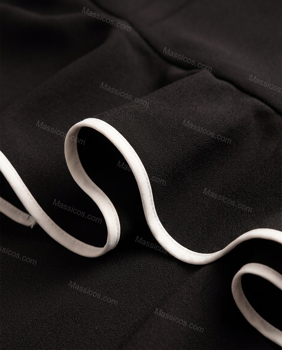 Black Mini Off-Shoulder Ruffled Dress, close-up of white accents, ruffle trim and contrast trim, by Massicos