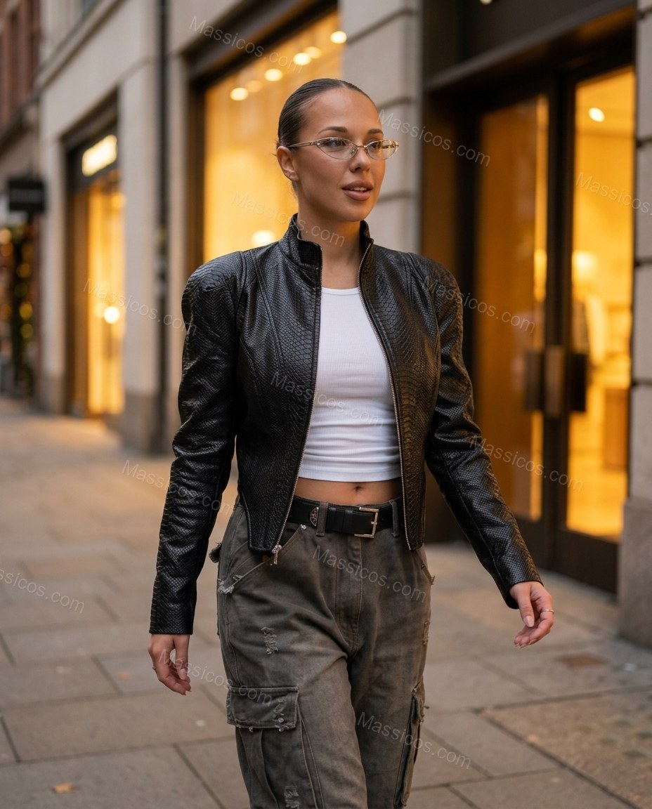 Black Jacket, walking lifestyle view, by Massicos