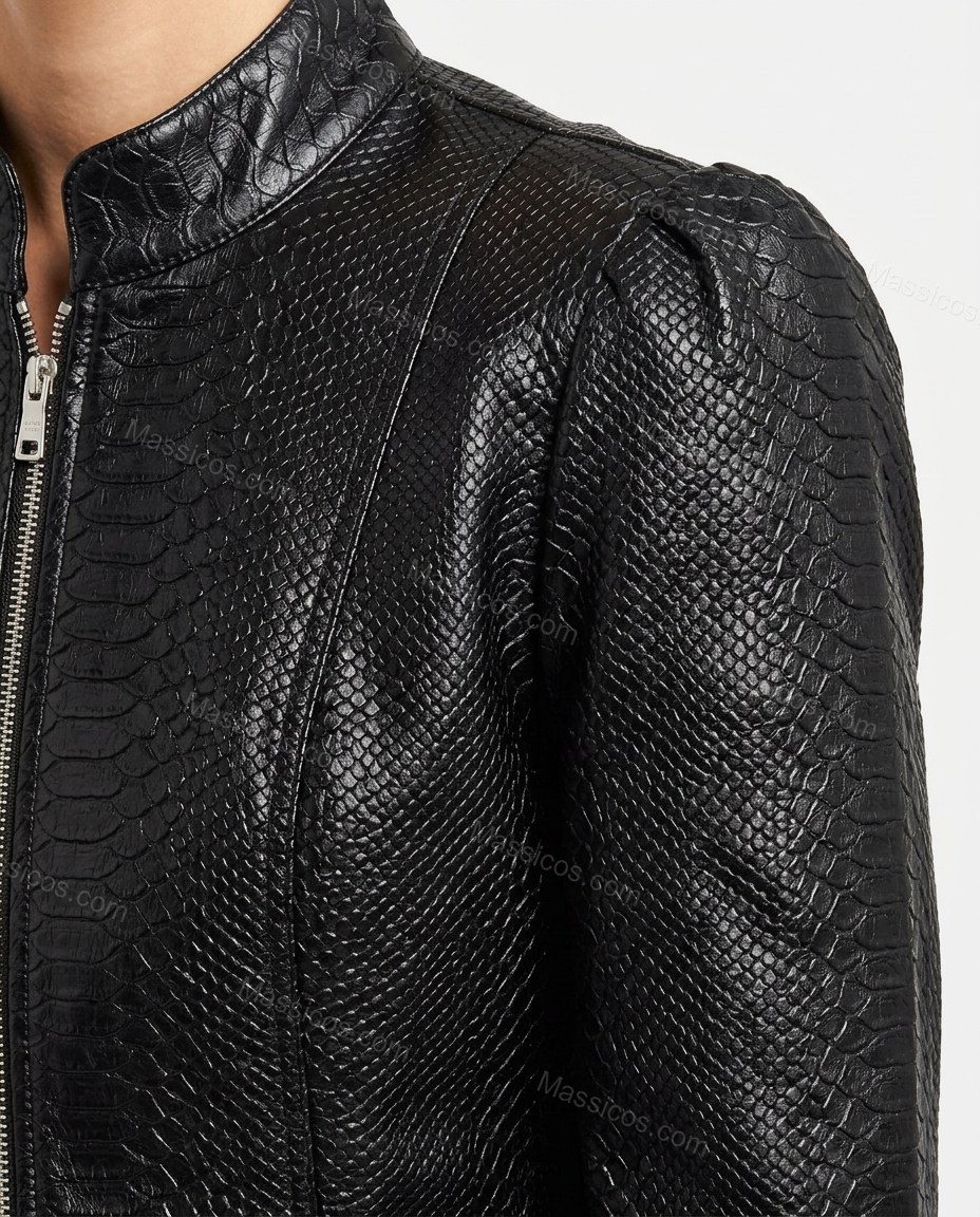 Black Jacket, close-up of front zipper closure, puffed shoulders and zippered cuffs, by Massicos