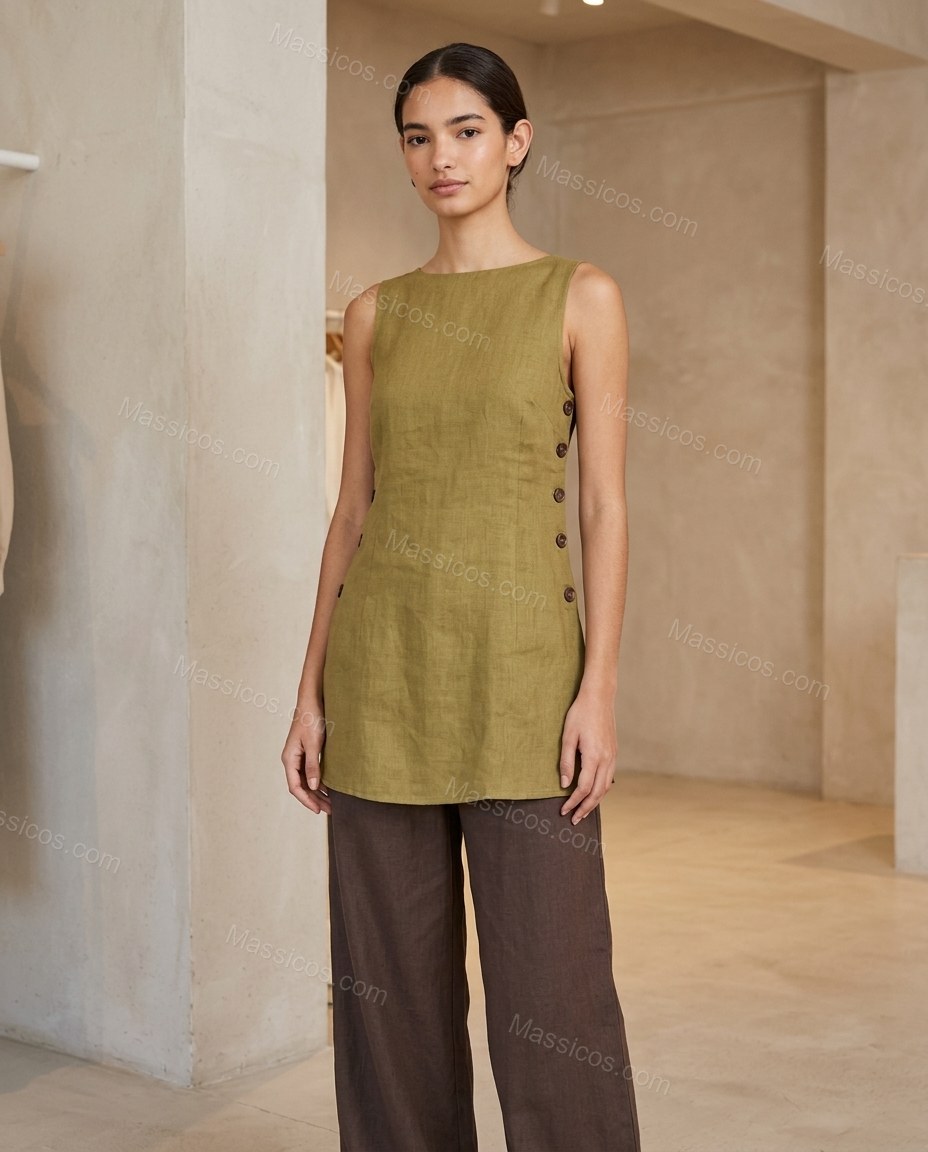 Green Tunic & Pants Set, full-length hero view, by Massicos