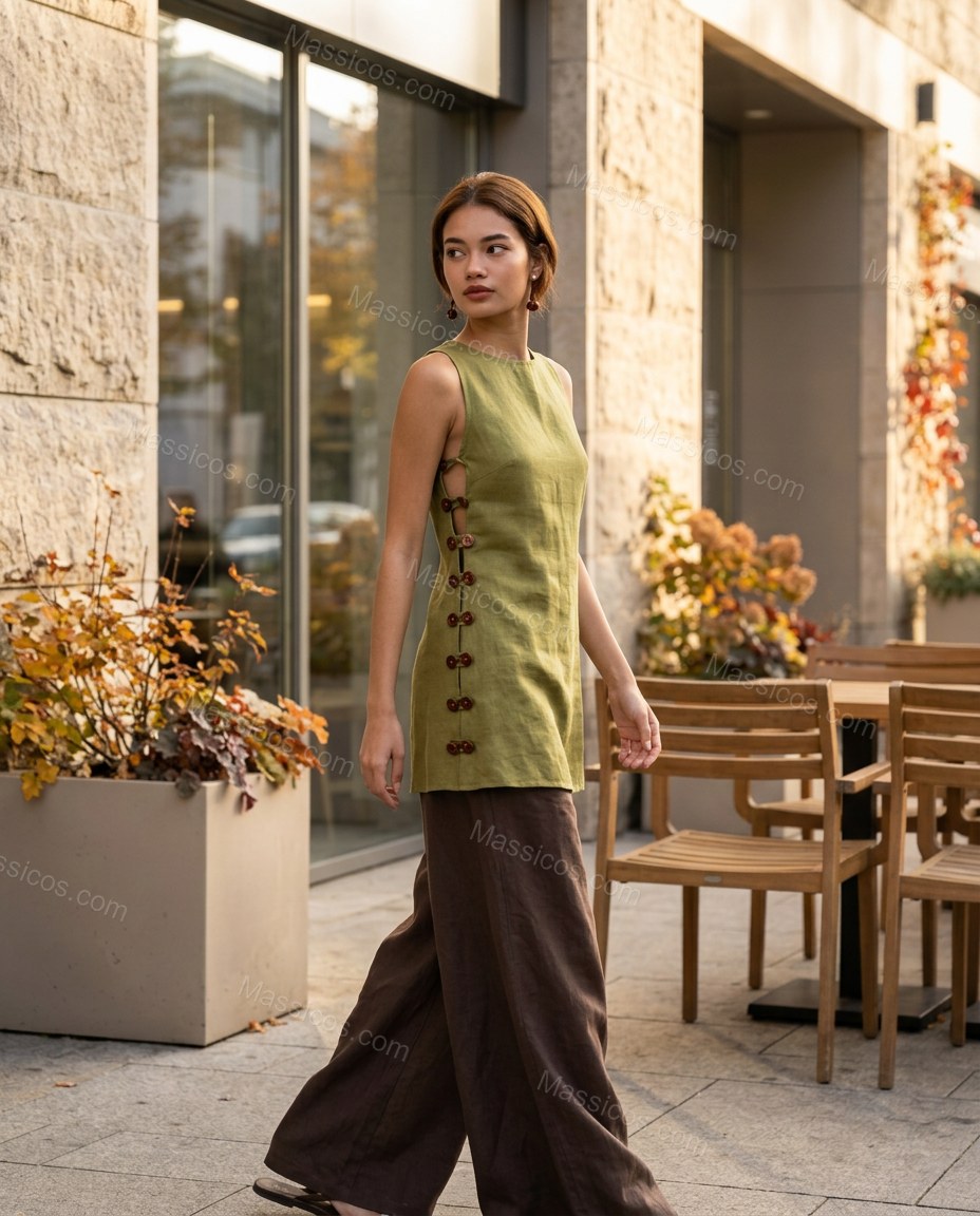 Green Tunic & Pants Set, walking lifestyle view, by Massicos