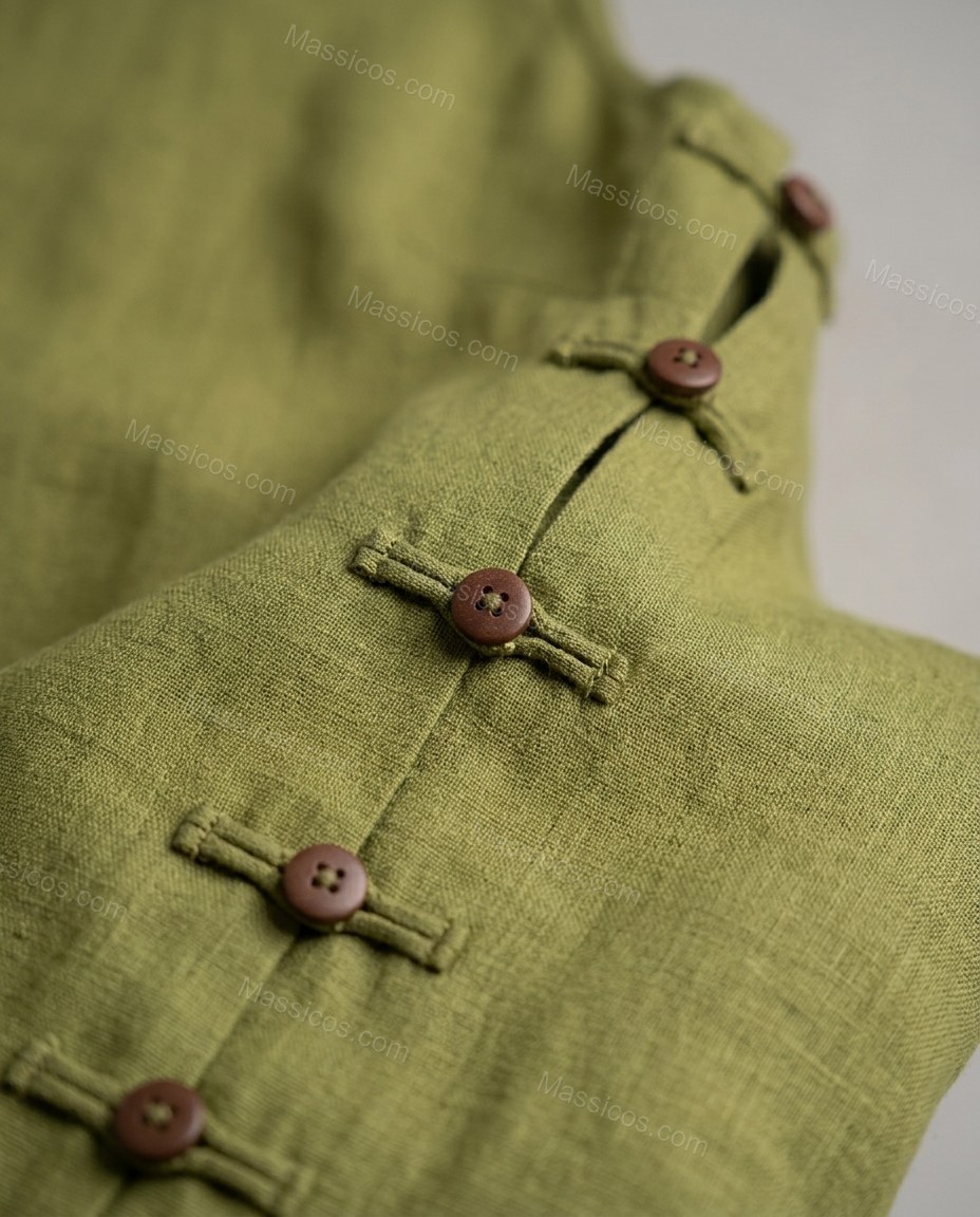 Green Tunic & Pants Set, close-up of brown accents, high round neckline and sleeveless design, by Massicos