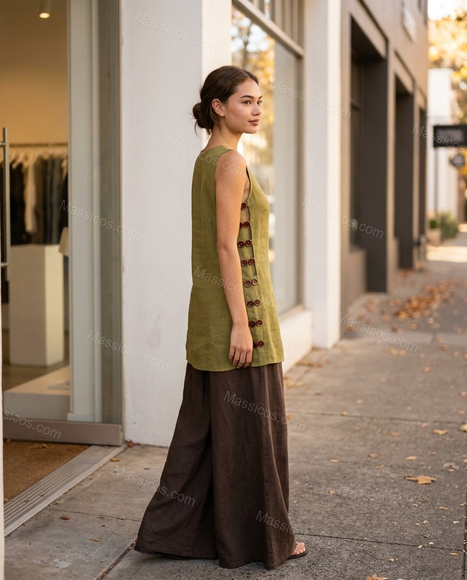 Green Tunic & Pants Set, movement and fit lifestyle view, by Massicos