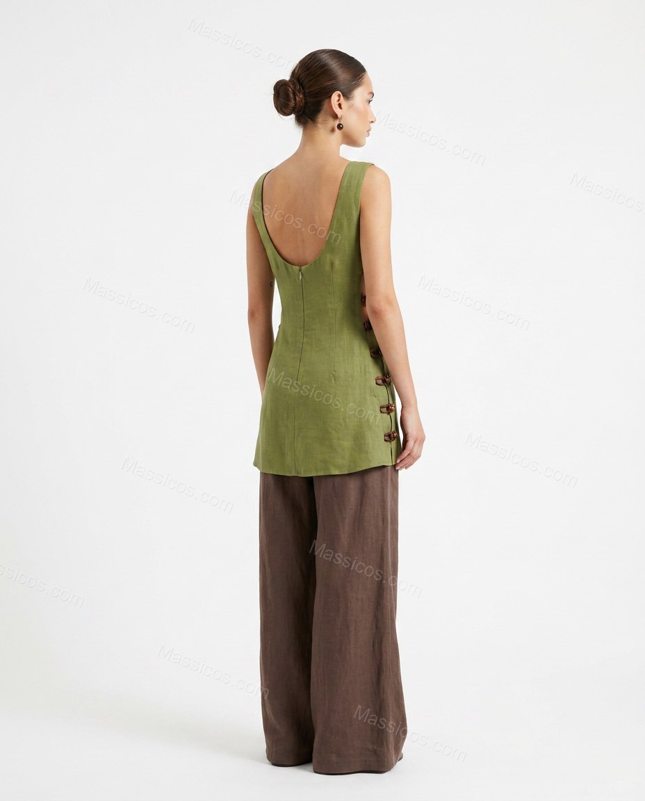 Green Tunic & Pants Set, back studio view, by Massicos