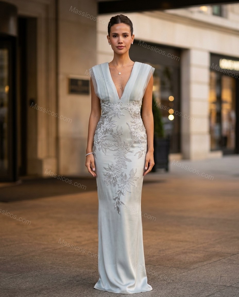 Light Blue-grey Floral Maxi Embroidered Dress, movement and fit lifestyle view, by Massicos
